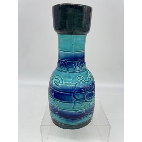 MCM Japan Turquoise & Cobalt Blue Floral Ceramic Pitcher Vase 7.5" With Handle - Picture 3 of 11